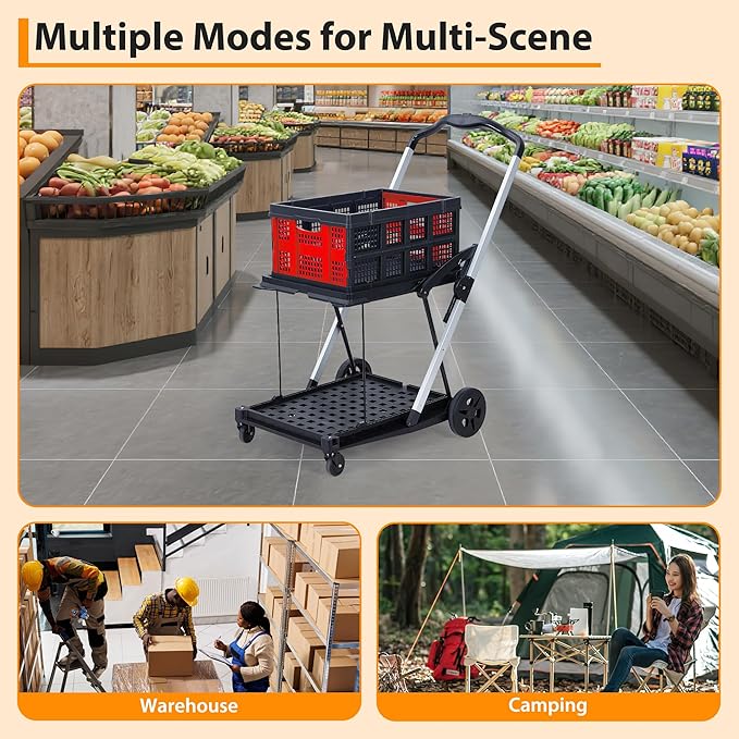 Heavy-Duty 2-Tier Collapsible Shopping Cart with Wheels – Portable Collapsible Utility Trolley – Removable Storage Crate, 198 lb Capacity, Lightweight – Ideal for Groceries, Home, Supermarkets – Red