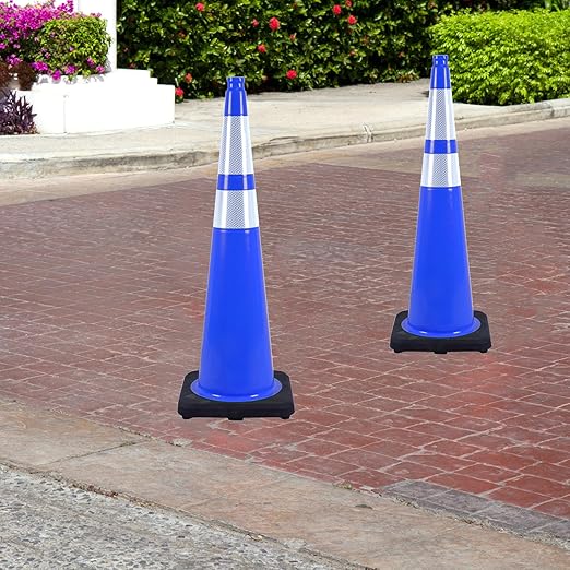 4 Pack 36 Inch Blue Traffic Cones Black Base, Tall Durable Safety Cones for Driveway Control, Event Organization, Construction Zones (4, Blue, 36 Inch)