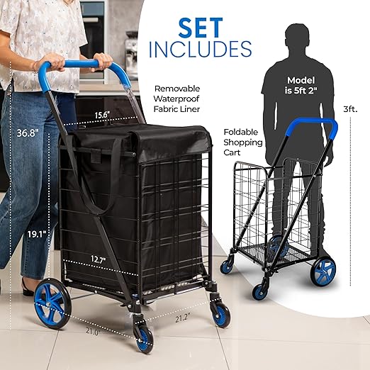 SereneLife Small Compact Folding Shopping Cart with Removable Waterproof Liner – 360° Swivel Wheels, Rust‑Proof Steel Frame, 70 lb Capacity – Portable Grocery, Laundry & Travel Cart (Blue)