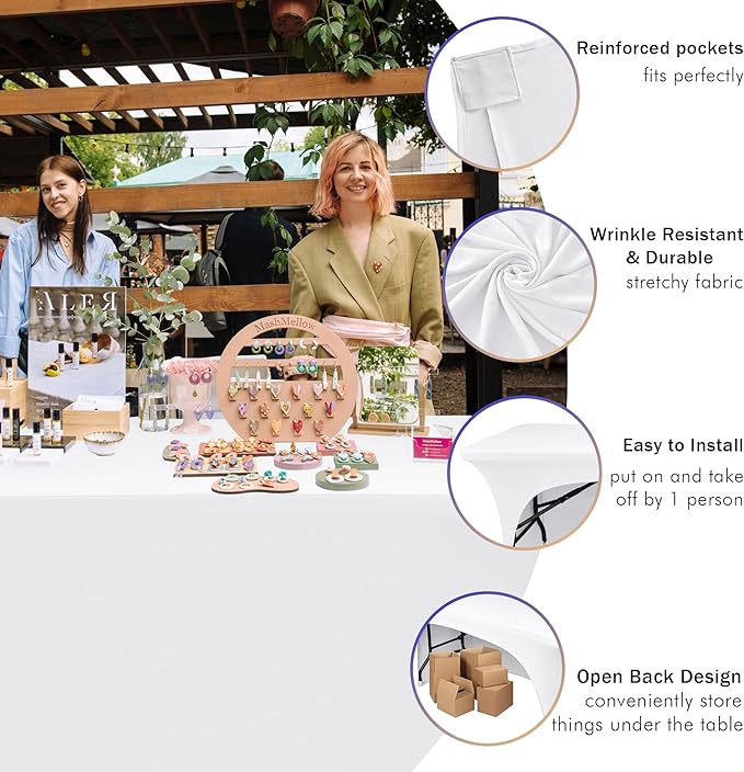 Nasitos 2 Pack Fitted White Tablecloth Rectangle for 4 ft Table-Open Back Folding Stretch Spandex Table Covers Fabric Washable and Wrinkle Resistant for Parties, Wedding, Craft Fair, Trade Show
