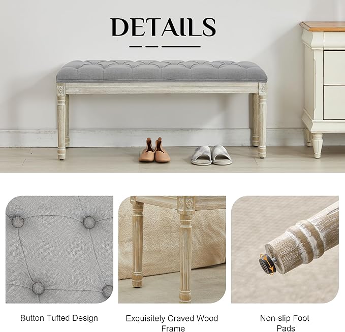 LOULENS 43.9" Linen Fabric End of Bed Bench, Vintage French Upholstered Button Tufted Entry Bench, Window Seat with Carved Wood Legs for Bedroom, Living Room, Entryway, Foyer, Hallway, Light Grey