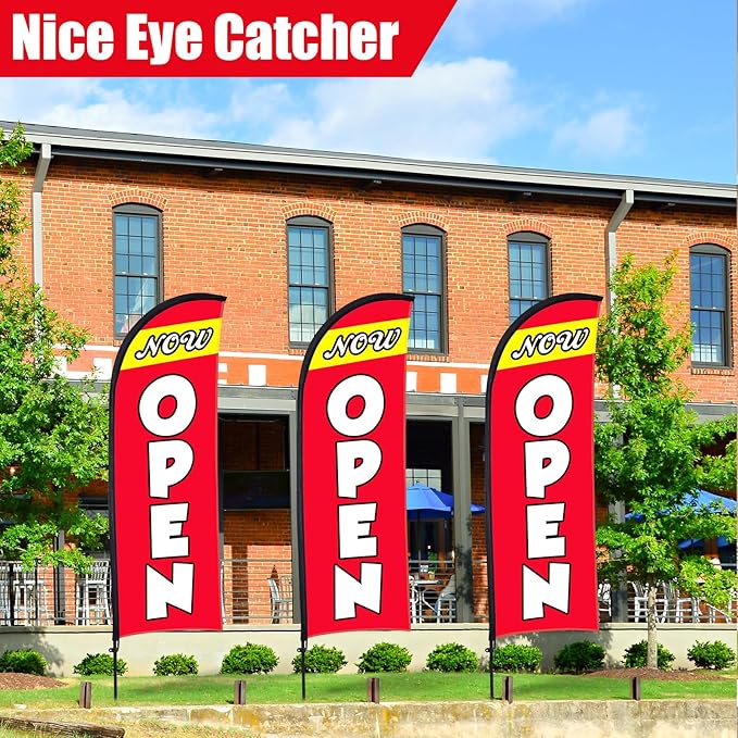 Buryeah 3 Sets Now Open Feather Flag Pole Kit for Business Advertising 7 ft Open Flag Banner Sign with Pole Kit Ground Stake and Portable Bag for Outside Ground (Red)