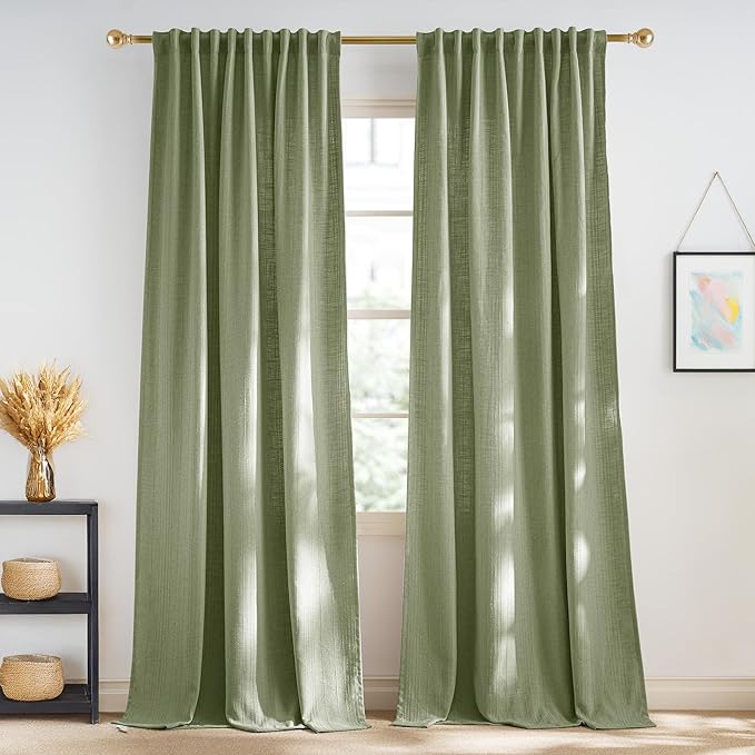 NICETOWN Waffle Weave Linen Sage Green Curtains for Bedroom, Privacy Farmhouse Drapes Light Filtering Window Treatments for Living Room, W52 x L108, 2 Panels