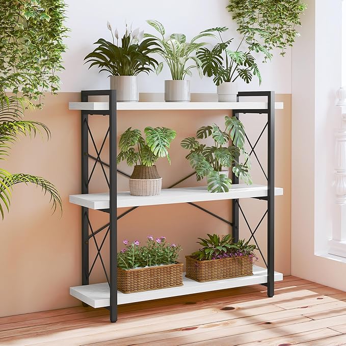 HCHQHS Bookshelf, 3-Tier Industrial Bookcase, Open Book Shelf, Freestanding Horizontal Bookshelves with Metal Frame