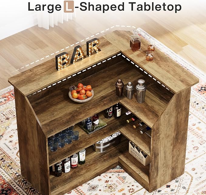 Tribesigns Bar Cabinet, L-Shaped Home Bar Table with Stemware Racks, 4-Tier Corner Bar Unit Liquor Wine Bar Table Reception Desk for Home Pub, Rustic Brown