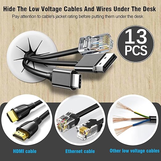 2" White Desk Grommet, JTemgle Flexible Cable Grommet with Bi-Metal Hole Saw Rubber Cable Hole Cover Wire Organizer Caps Desktop Cord Management for Home Office TV Stands Tabletops, 13 Pieces