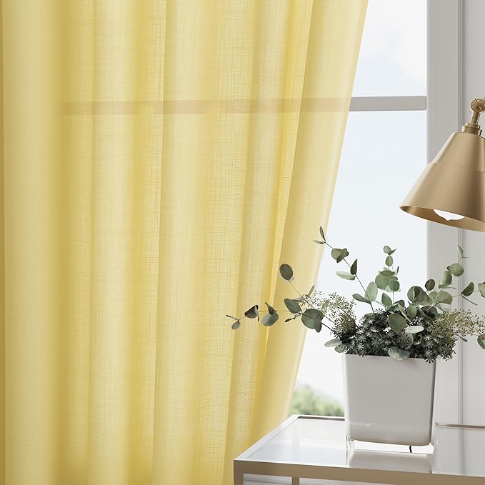 Yellow Linen Curtains 105 Inches Long for Living Room 2 Panels Set Extra Long Back Tab Curtains Neutral Farmhouse Light Filtering Semi Sheer Linen Drapes Ceiling to Floor for Large Window 52x105