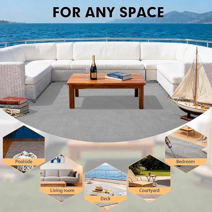 Marine Carpet,5 FT x 20 FT Smoke Gray Indoor Outdoor Carpet 0.2" Thick Boat Carpet with Water-Proof TPE Backing, Non-Slide Outdoor Marine Carpet Roll for Home, Patio, Porch, Deck