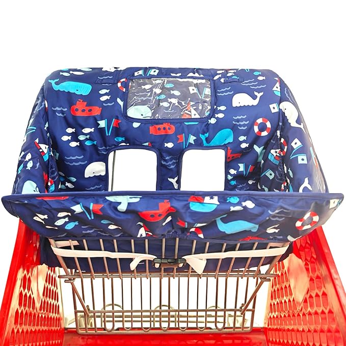 2-in-1 Shopping Cart and High Chair Cover for Baby, Padded Cover, Fold'n Roll Style, Portable with Carry Bag (Blue Whale)