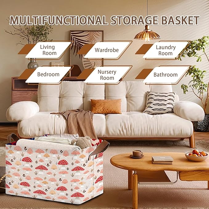 Red Mushroom Storage Basket Large 17x11.5x10.5 Inches - Collapsible Fabric Organizer Bin with Handles for Kids Room, Nursery, Toys - Foldable Decorative Hamper with Cute Mushroom Design - Single Pack