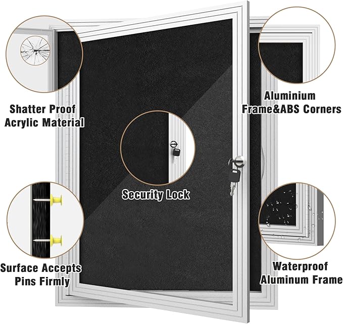 Mifuro 26"x20" Enclosed Bulletin Board, Outdoor Lockable Weather-Resistant Aluminum Cork Noticeboard for School & Office, Silver Frame w/Black Flet