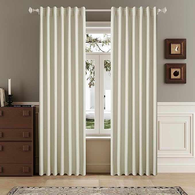 Full Blackout Cream Beige Curtains 63 Inch Long Linen Textured Curtains Thermal Insulated Heat Blocking Noise Reducing Vintage Drapes for Nursery Bedroom Rod Pocket&Back Tab 2 Panels 50W x 63L