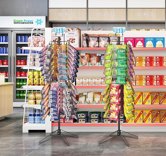 tonchean Rotating Retail Display Stand Racks 108 Clips, Spinning Potato Chip Snack Rack Display Stand with Sign Holder, 2 Tier Snack Shelf Organizer, Chip Bag Holder Snack Display Rack for Party