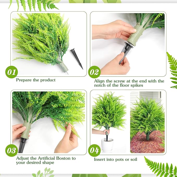4 Artificial Boston Fern with Integrated Ground Stake 24'' Realistic UV Resistant Faux Plant with Spike for Indoor Outdoor Garden Yard Spring Summer Wedding Decoration