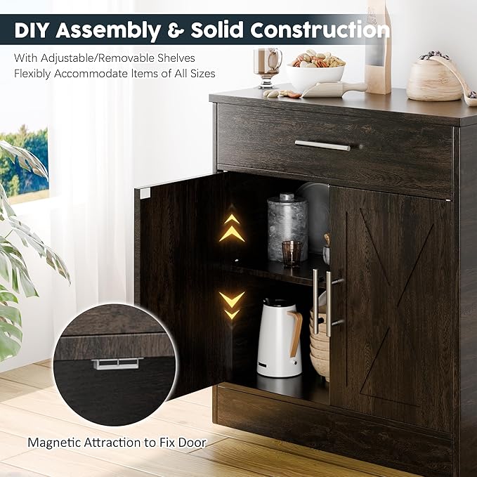 SUNLEI Kitchen Buffet Sideboard Cabinet, Wooden Storage Cabinet with 2 Doors & 1 Drawers, Modern Farmhouse Coffee Bar Cabinet with Storage for Living Room, Adjustable Shelf, Brown