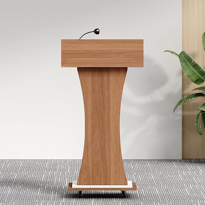 Mobile Wooden Podium Stand with Lockable Wheels Modern Presentation Blockboard Lectern Black Walnut Color with Storage Shelves for Office, Church, Classroom, Conference Room