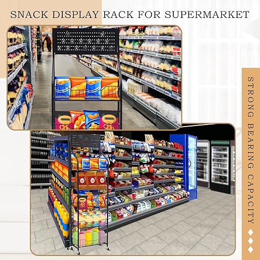 2 Set Retail Display Rack Shelf Cart with Wheels and Hook Heavy-Duty Metal Snack Potato Chip Display Organizer Concession Stand for Supermarket Grocery Store Home Black (5 Tier 15 Hooks)