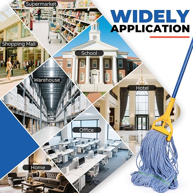 Onesimus 24 oz Mop Head Replacement, Industrial Mops for Floor Cleaning Heavy Duty 4-Ply Cotton Blend Looped End Wet Mop Refills 1.25 in Universal Headband Fit Most Handles, 3 Pack X-Large Blue