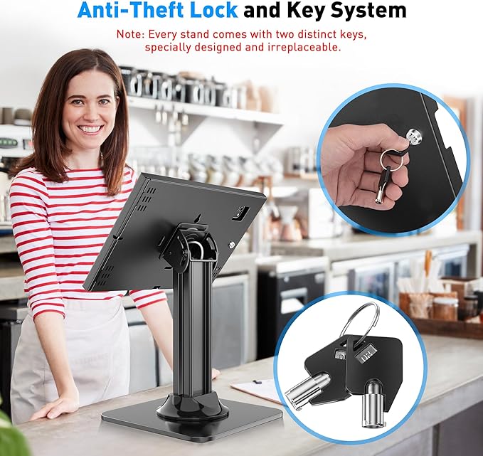 AboveTEK Anti-Theft iPad Kiosk Stand, POS iPad Security Stands, Aluminum Locking Tablet Stand with Heavy Duty Base, 360° Swivel & 75° Tilt, Retail Desk Mount for Business & Commercial Use (Black)