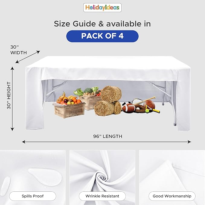 HolidayIdeas Open Back Fitted Tableclothss for 8 Foot Rectangle Table, Wrinkle Resistant Washable Table Covers 96x30 Inch for Craft Fairs, Banquets, Trade Show Display, White,4 Pcs
