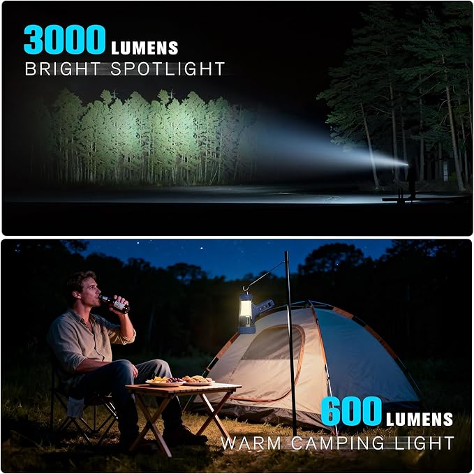 FORTO 3000 Lumens Handheld Spotlight, 1400 Ft Long Range LED Spot Light with 120H Runtime, IPX8 Waterproof Rechargeable Outdoor Flashlight for Camping, Hiking, Emergency, Searchlight (Blue-Plus)