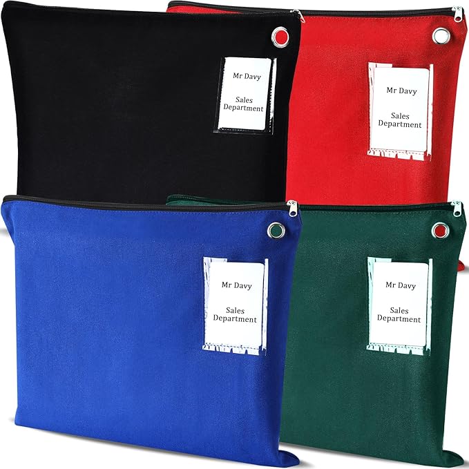 4 Pcs Interoffice Mailer Canvas Transit Sack Zipper Bag 18" x 14" Large Zipper Pouch with Grommet Interoffice Mail Bag (Black,Blue,Red,Green)