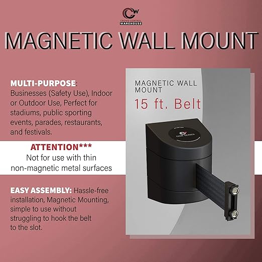 Crowd Control Warehouse - CCW Series WMB-220 Magnetic Wall Mount Retractable Belt Barrier - 15 Foot, Light Brown Belt with Yellow ABS Case