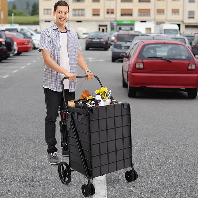 Goplus Folding Shopping Cart for Groceries, Upgraded Jumbo Grocery Cart with Waterproof Liner, 32 Gallon Capacity, 360° Rolling Swivel Wheels and Double Basket, Heavy Duty Foldable Utility Cart