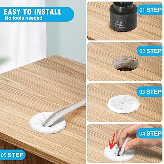 2" White Desk Grommet, JTemgle Flexible Cable Grommet with Bi-Metal Hole Saw Rubber Cable Hole Cover Wire Organizer Caps Desktop Cord Management for Home Office TV Stands Tabletops, 7 Pieces