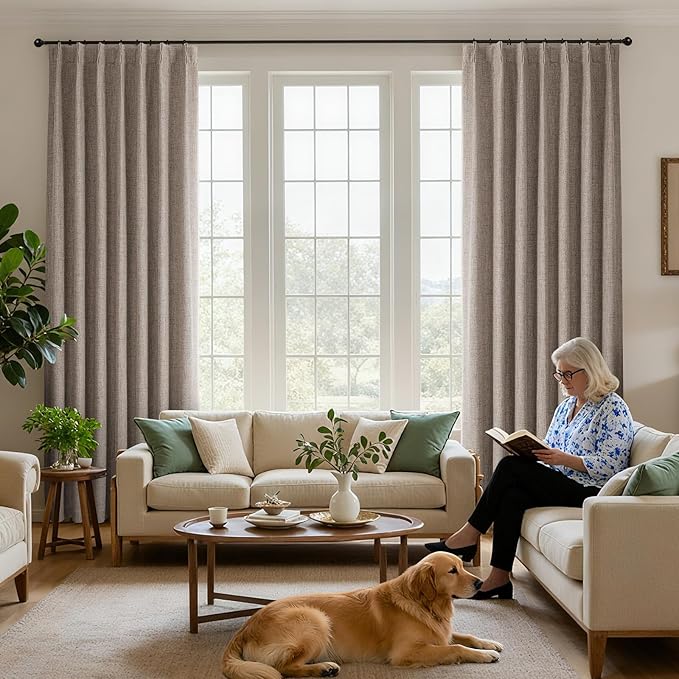 Joydeco Pinch Pleated Curtains - 100% Blackout for Bedroom, Linen Curtains 40" W x 63" L, Thermal Insulated 2 Panels Light Blocking Drapes, Back Tabs for Living Room