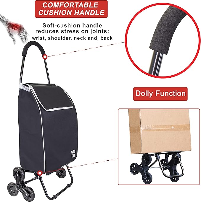 dbest Products Trolley Dolly Sport Stair Climber – Foldable Grocery Cart on Wheels – Multi Use Rolling Cart with Removable Bag, Hand Truck Dolly Function, and Stair Climbing Wheels, Black