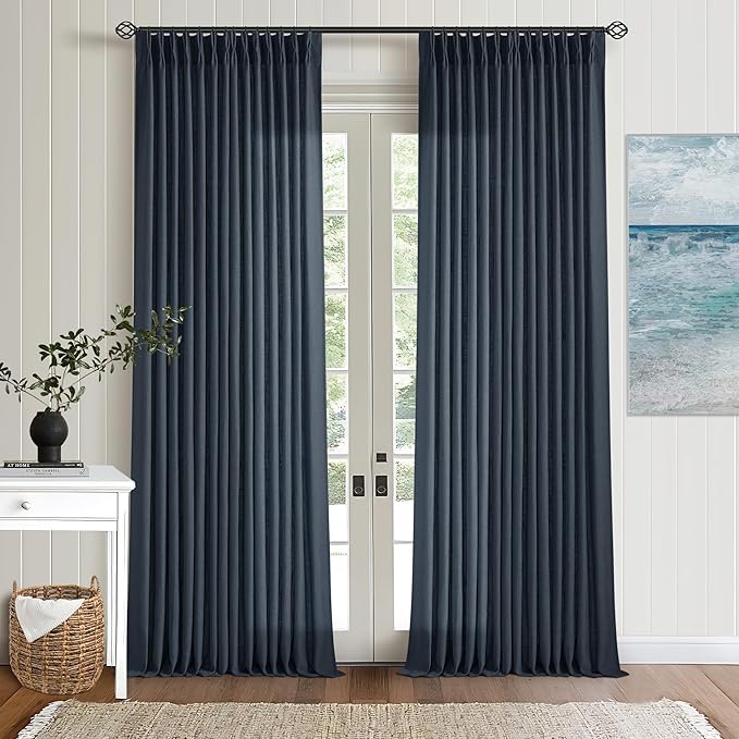 Navy 90 Inch Linen Curtains Pinch Pleated for Living Room Bedroom Dining Boho Modern Light Filtering Pinch Pleat Drapes Hooks Rings Back Tab Semi Sheer Dark Blue Indigo Window Curtains 2 Panels