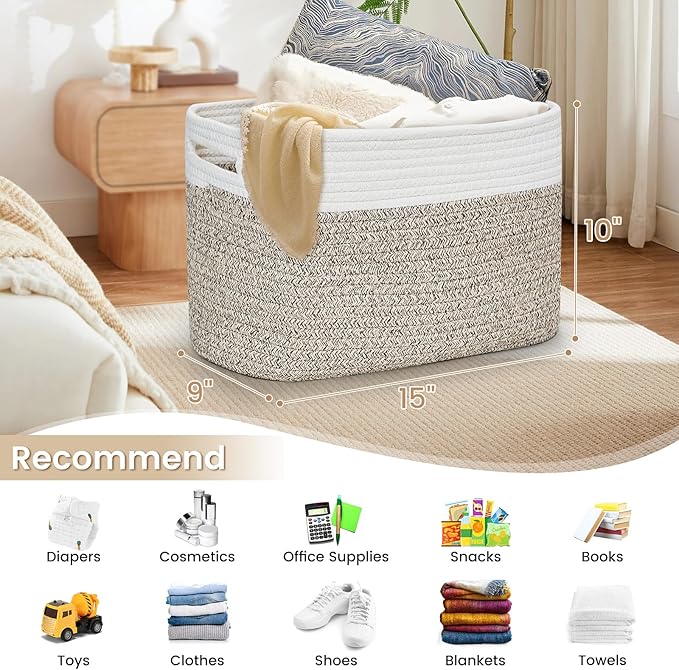 3 Pack Shelf Woven Storage Basket, 15 x 10 x 9” Closet Rope Baskets For Organizing, Square Bins with Handles, White+Rice Brown