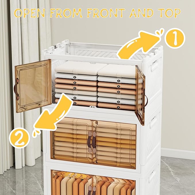Storage Bins with Lids and Wheels, 398QT-99.5QT*4Tier Collapsible Bathroom Storage Cabinet with Clear Doors, Plastic Stackable Closet Organizers and Containers White