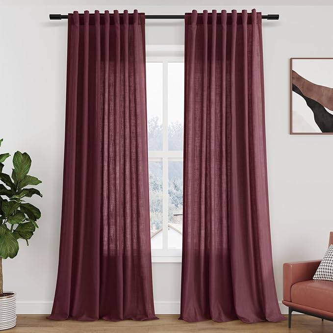 Nanspring Linen Curtains 108 Inches Long for Living Room Bedroom 2 Panels Set Burgundy Extra Long Back Tab Curtain Light Filtering Sheer Drapes Floor to Ceiling Curtain for Large Windows 52x108