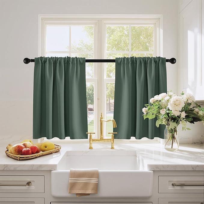 PONY DANCE Dark Green Blackout Cafe Curtains 24 inch Long, Thermal Insulated Small Window Curtains for RV Camper, Privacy Basement Short Drapes, W 29 x L 24 inches, 2 Panels Set