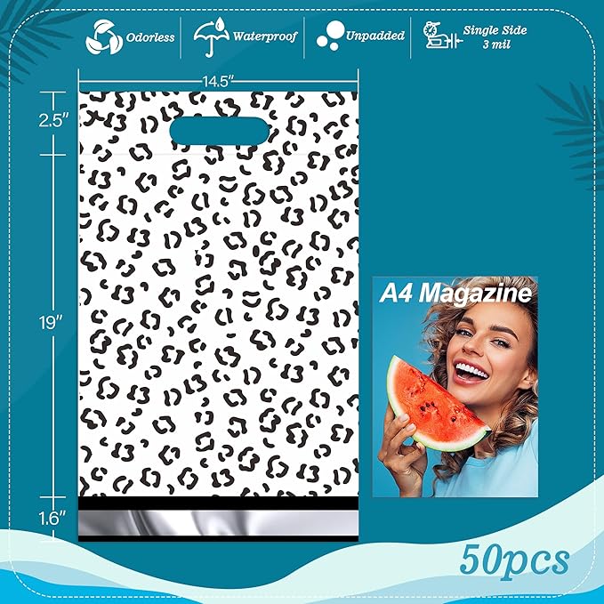 JinRuiKJ Poly Mailers with Handle 14.5x19 Inch 50 Pcs, Easy to Carry Packaging Bags for Small Business, Thank You Shipping Bags with Self Adhesive Strip, Tearproof and Waterproof - Black leopard