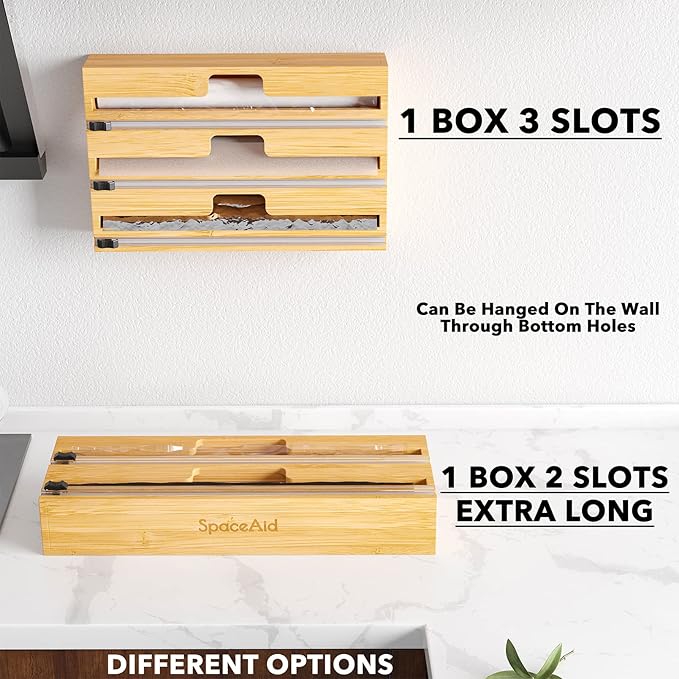 SpaceAid 2 in 1 Long Wrap Dispenser (Need 3" Deep Drawer) with Cutter, Plastic Wrap, Aluminum Foil Dispenser for Kitchen Drawer, Bamboo Roll Organizer Holder, Compatible with 15" Roll