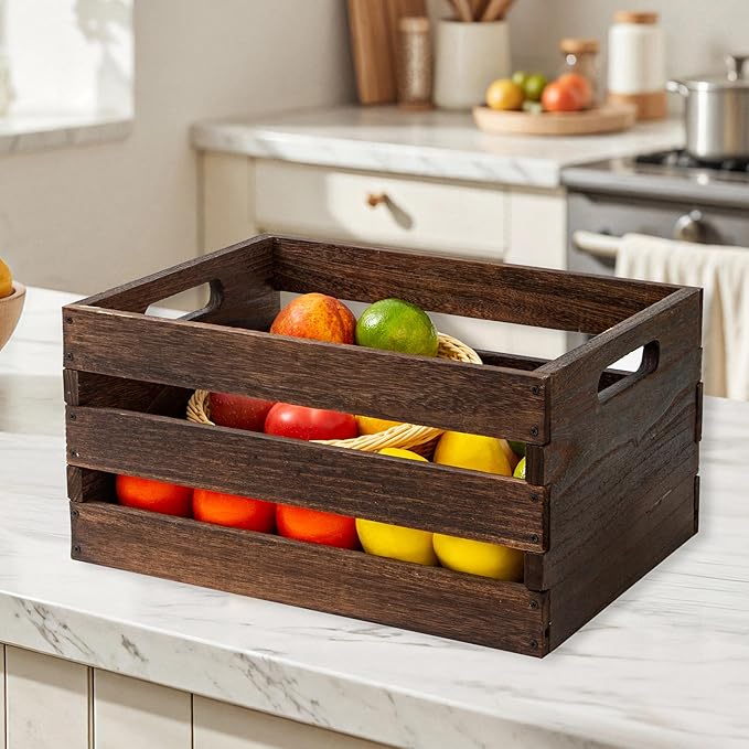 Rustic Vintage Brown Wooden Storage Crates Set, 2 Pack , 16.5 X 12 X 8.3''wood crate box，Handmade Farmhouse Decorative Crate with Handles for Books, Clothes Storage & Display