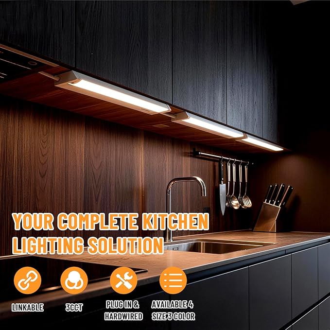 4 Pack 12" Under Cabinet Lighting for Kitchen, 8W 600LM, 3 Color Temperatures (3000K/4000K/5000K), Hardwired or Plug-in, 45° Rotatable Design, Linkable Up to 15 Units, YT-4208-10-4