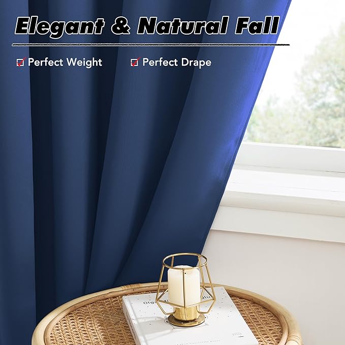 KGORGE Black Out Curtains 54 inch Long for Bedroom, Thermal Insulated Room Darkening Noise Reducing Curtains for Living Room Nursery, Back Tab Rod Pocket, W52 x L54 inches, Blue, 2 Panels