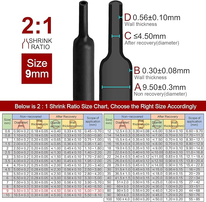 Chanzon 2:1 Ratio 11/32" (9mm) Heat Shrink Tubing 3.3Ft Roll (1M Total Length) Black Polyolefin Sleeving Wrap Shrinking 2 to 1 1pcs