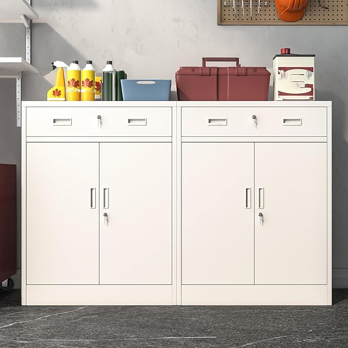 Metal Storage Cabinet, Locking Cabinet with 1 Drawer and Adjustable Shelf, 36" H x 28" W x 16" D Steel Storage Cabinet for Office, Garage, Home-White