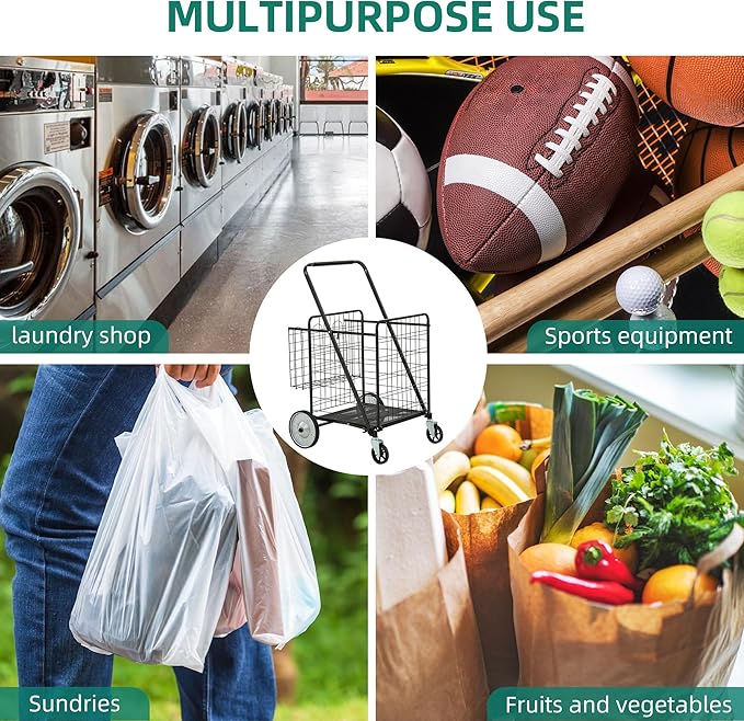 YITAHOME Folding Shopping Cart with Wheels, Rolling Foldable Grocery Cart with Rear Basket, Portable Collapsible Utility Cart with Reinforced mesh Bottom Panel for Shopping Groceries Laundry Storage