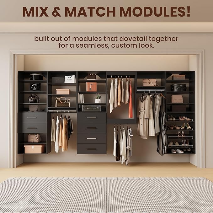 ROOMTEC 34.5" Tall Hanging Closet Unit, Modular Closet System with Hanging Rod, Wardrobe Organizer for Bedroom or Walk-in Closet, Wall Mounted, Customizable Clothes Storage Unit, Black