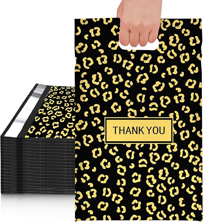 JinRuiKJ Poly Mailers with Handle 10x13 Inch 100 Pcs, Easy to Carry Packaging Bags for Small Business, Thank You Shipping Bags with Self Adhesive Strip, Tearproof and Waterproof - Gold leopard