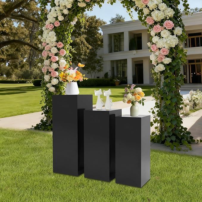 OUKANING 3 PCS Metal Display Pedestal Stands, Square Black Display Stands Pillars, Decoration Cube Sculpture Display Column for Wedding Party Baby Shower Birthday, H31.49'', 25.59'', 23.62''