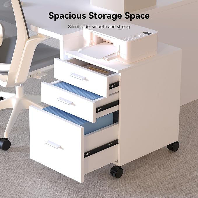 3 Drawer Mobile File Cabinet on Wheels,White fully assembled Rolling Storage Organizer for Letter/A4 Files, Ideal for Office, Home, Classroom Organization,Printer Stand,19" L x 16" W x 22" H