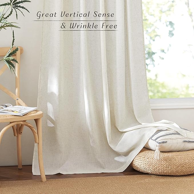 NICETOWN Natural Linen Curtains for Bedroom, Back Tab & Rod Pocket with Pleat Tab Privacy Added Curtains & Drapes with Light Filtering Window Treatments for Living Room, W52 x L95, 2 Panels