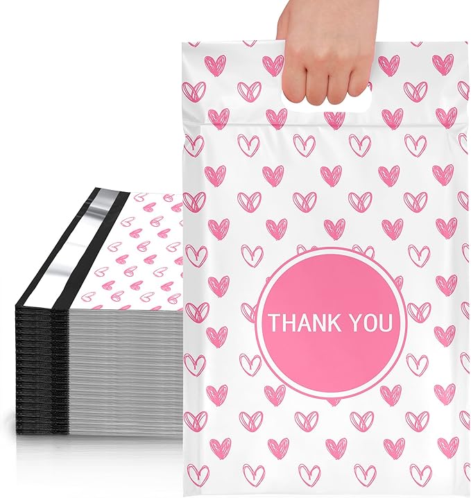 JinRuiKJ Poly Mailers with Handle 12x15.5 Inch 50 Pcs, Easy to Carry Packaging Bags for Small Business, Thank You Shipping Bags with Self Adhesive Strip, Tearproof and Waterproof - Pink Heart